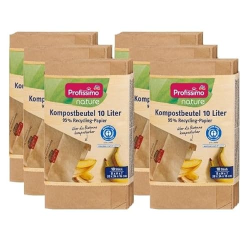 Profissimo Bio Kompost Beutel 10 Liter/ 6er Pack (6 x 10 Stück) - Kompostierbar und Umweltfreundlich aus 100% Altpapier, feuchtigkeitsabweisend von Generisch