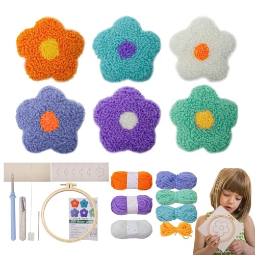 Punch Needle Kit für Anfänger, Mug Rug Punch Needle Kit,6 getuftete Teppichuntersetzer mit Blumen | Untersetzer-Pads, Teppich-Tufting-Untersetzer mit selbstklebenden Filzgarnen, Stickrahmen-Anleitung von Generisch