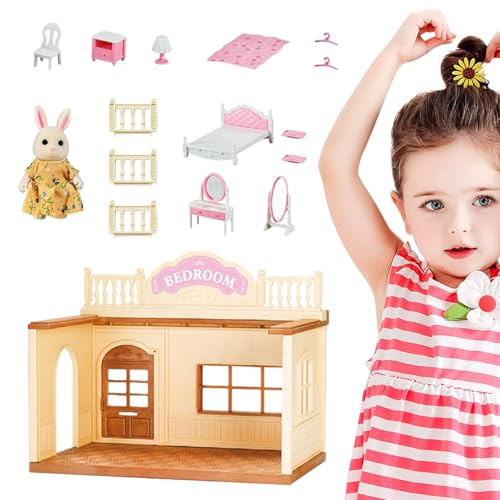 Puppenhaus-Set aus Holz, Kleinkind-Puppenhaus - Fine Motor Toys Puppenhaus-Spielset - Holzbausatz mit Möbeln, Spielzeug für Kleinkinder, Miniatur-Puppenhaus-Set, Rollenspiel für Kinder ab 3 Jahren von Generisch