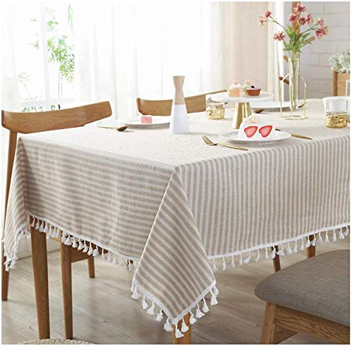 Rechteckige Tischdecke mit Quasten, Baumwollleinen, Anti-Falten, Staubtuch für Küche, Esszimmer, Café, Party, beige Streifen (140 x 220 cm) von Generisch