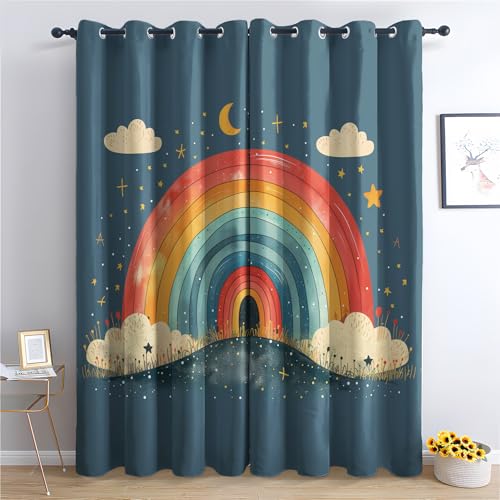 Regenbogen-Verdunkelungsvorhänge für Schlafzimmer, mit niedlichen Wolken, Mond und Sternen, wärmeisoliert, Ösenvorhang-Set für Wohnzimmer und Heimdekoration, 168 x 228 cm, 2 Paneele von Generisch