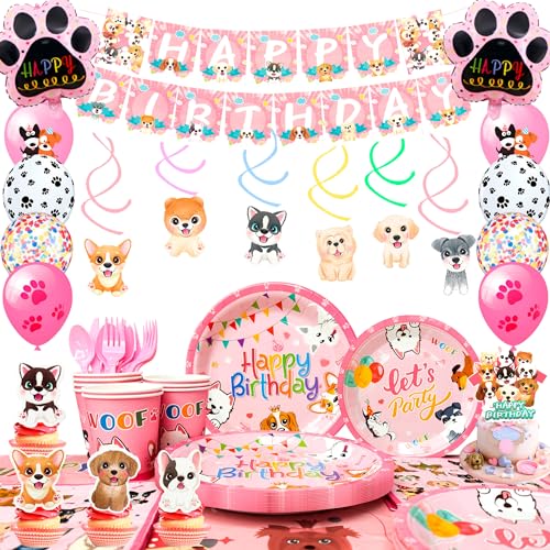 Rosa Dog Theme Birthday Decorations & Tableware Set-Dog Birthday Banner Partyteller Cups Napkins Tablecloth Luftballons etc... von Generisch