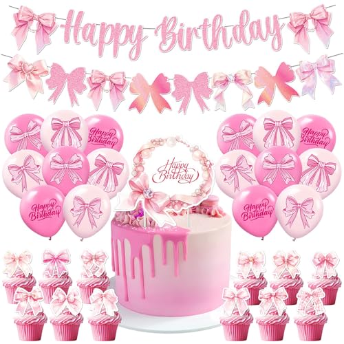 Rosa Schleife Thema Geburtstag Party Dekoration Set - 12 Cake Topper, 16 Luftballons, 15 Flaggenbanner mit Schnur, 1 großes Cake Topper Set von Generisch