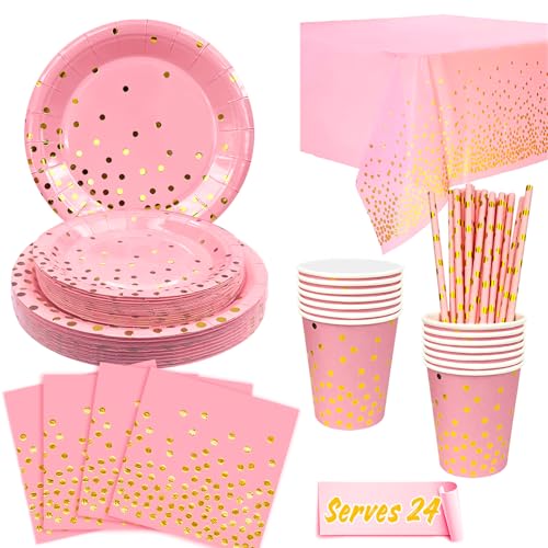 Rosa und Goldenes Partygeschirr, Rosa Geburtstag Geschirr Set - Teller Pappbecher Servietten etc Rosagoldfolie Partygeschirr für Baby Shower Geburtstag Hochzeit, 24 Gäste Rosa und Goldenes Partygeschirr, Rosa Geburtstag Geschirr Set - Teller Pappbecher Servietten etc Rosagoldfolie Partygeschirr für Baby Shower Geburtstag Hochzeit, 24 Gäste von Generisch