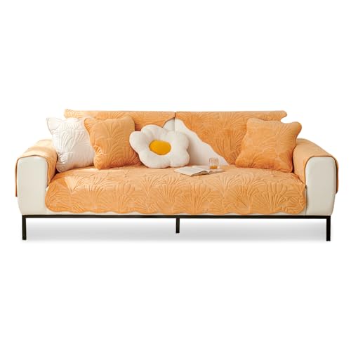 Rutschfester Sofa-Schonbezug aus Plüschstoff für 1-, 2-, 3-, 4-Sitzer, L-förmiges Ecksofa, dick strukturierter Kissenbezug, Möbelschutz, 70 x 180 cm, orangefarbener Rückenlehnenbezug (1 Stück) von Generisch