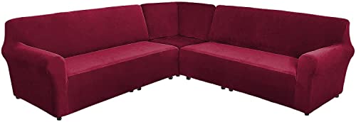 Samt-Couchbezug-Set, L-Form, 3-teilig, Sektionalsofa-Schonbezug für Eckcouch, elastische Unterseite, dicker Plüschstoff, Weinrot, 7-Sitzer von Generisch