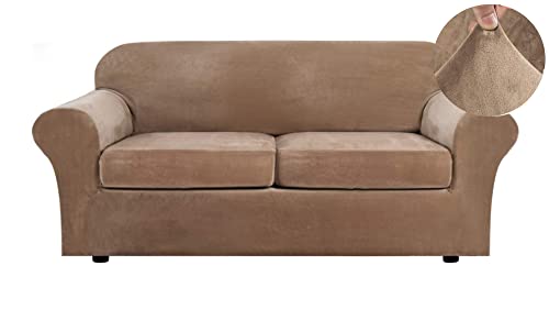 Samt-Sofabezüge, 3er-Set, elastische Stretch-Couch-Schonbezüge für 2-Sitzer-Sofa, dicker Samtstoff, Haustier-Kratzschutz, Sofaschoner mit Sitzkissen, Grau von Generisch