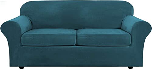 Samt-Sofabezüge, 3er-Set, elastische Stretch-Couch-Schonbezüge für 2-Sitzer-Sofa, dicker Samtstoff, kratzfester Sofaschutz mit 2 Sitzkissen von Generisch