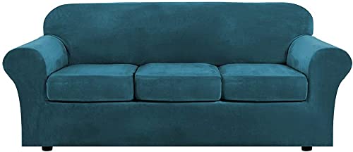 Samt-Sofabezüge, 4 Stück, elastische Stretch-Couchbezüge für 3-Sitzer-Sofa, dicker Samtstoff, Haustier-Kratzschutz, Sofaschoner für Hunde und Katzen, Sitzkissen-Bezug enthalten von Generisch