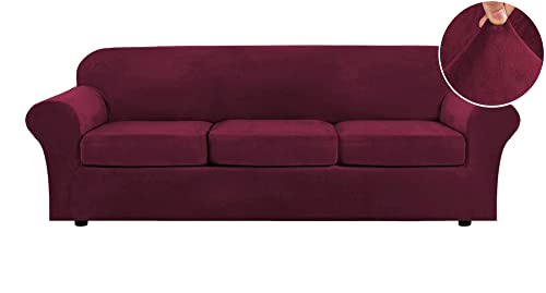 Samt-Sofabezüge, 4 Stück, elastische Stretch-Couchbezüge für 3-Sitzer-Sofa, dicker Samtstoff, Hundeschutz, Kratzschutz und Katzenschutz, Sofaschoner mit Sitzkissenbezug von Generisch