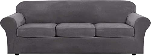 Samt-Sofabezüge, elastischer Stretch-Couch-Schonbezug, 4er-Set, für 3-Sitzer-Sofa, dicker Samtstoff, Haustier-Kratzschutz, Sofaschoner mit Sitzkissenbezug, Grau von Generisch