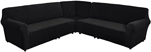 Samt-Sofabezug-Set, L-Form, 3-teilig, Sektional-Couch-Schonbezug für 7-Sitzer-Ecksofa, elastische Unterseite, dicker Plüschstoff, Möbelschutz für Heimdekoration, Schwarz von Generisch