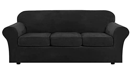 Samt-Sofabezug-Set, elastische Stretch-Couch-Schonbezüge für 3-Sitzer-Sofa, dicker Samtstoff, Kratz- und Tierhaarschutz, Sofaschutz mit 3 Sitzkissenbezügen von Generisch