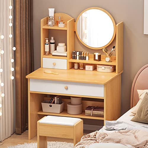 Schminktisch-Set aus Holz mit rundem Spiegel, 2 Schubladen, Ablagen und gepolstertem Hocker, Kommode, Schreibtisch für Schlafzimmer oder Badezimmer, elegante Make-up-Station (60 x 40 x 121 cm) von Generisch