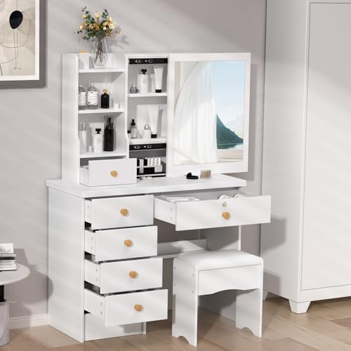 Schminktisch mit Spiegel und Hocker, Schminktisch mit Spiegel, Make-up-Schreibtisch mit 6 Schubladen und offenen Regalen, Make-up-Tisch mit Spiegel, Holz, moderne Schlafzimmer-Kommode, Whtie von Generisch