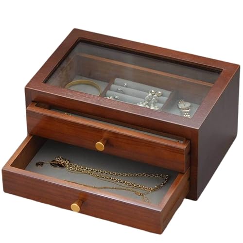 Schmuckschatulle aus Holz für Damen, klassischer Schmuck-Organizer, Aufbewahrungskoffer mit Glasdeckel, Schubladen, Aufbewahrung von Halsketten, Ringen, Ohrringen, Uhren und Armbändern, Rust von Generisch