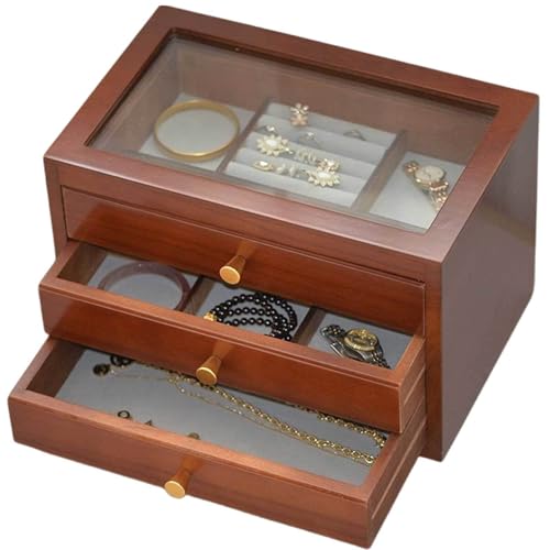 Schmuckschatulle aus Holz für Damen, klassischer Schmuck-Organizer, Aufbewahrungskoffer mit Glasdeckel, Schubladen, Aufbewahrung von Halsketten, Ringen, Ohrringen, Uhren und Armbändern, Rust von Generisch