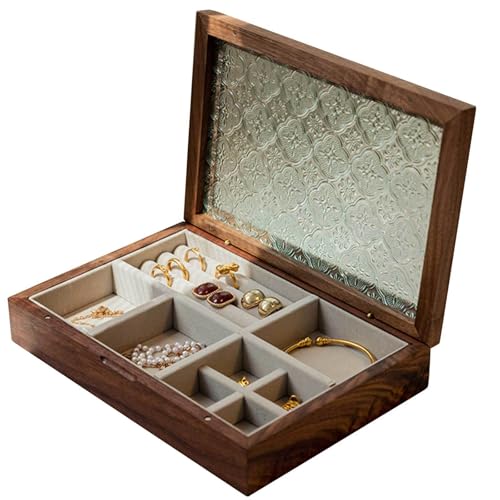 Schmuckschatulle aus Holz für Frauen – Antiker Schmuck-Organizer mit Glasdeckel, Ringschlitzen und Fächern – vielseitige Aufbewahrungsbox für Ringe, Ohrringe, Anhänger, Uhren, Halsketten – elegantes von Generisch