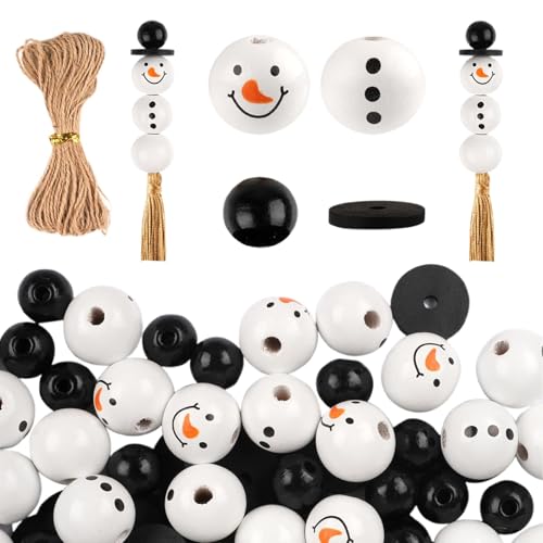 Schneemann-Perlen – 30 Sets Weihnachts-Schneemann-Holzperlen, Schneemann-Perlen mit Seil, runde Holzperlen zum Basteln, Weihnachtsdruck, Holzperlen-Kits, handgefertigte Weihnachtsdekoration von Generisch