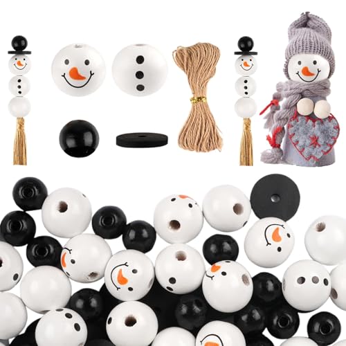 Schneemann Perlen - Weihnachten Schneemann Perlen | Holzperlen für Weihnachtsbaum | 30x Weihnachten Druck Holzperlen Weihnachtsdeko Supplies Winter Schneemann Perlen mit Seil für Weihnachtsbaum von Generisch