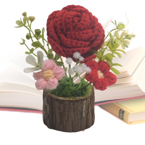 Schreibtisch-Häkel-Topfpflanze,Häkelblumen-Topfrose | Kleine gehäkelte Topfrosen-Sonnenblumen-Statue - Armaturenbrett-Dekoration, künstlicher Blumenstrauß für den Tisch, zum Geburtstag oder zur Einwei von Generisch