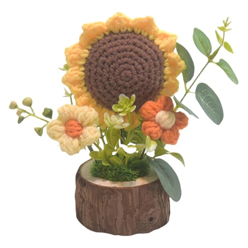 Schreibtisch-Häkel-Topfpflanze – Häkelblume Topfpflanze | Statue Topfpflanze Häkelrosen | Tisch-Topfblumenstrauß | Häkelrosen, Sonnenblumen, Strickstatue für Geburtstag, Einweihungsfeier von Generisch