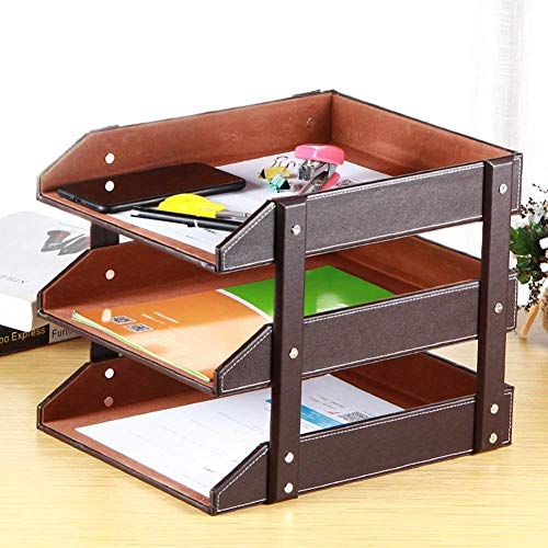 Schreibtisch-Organizer aus Holz, PU-Leder, stapelbar, Briefablage mit 3 Ebenen, abnehmbares Design, Braun von Generisch