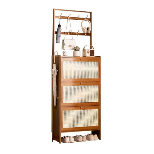 Schuhschrank aus Bambus mit Haken und Klappschubladen, freistehend, schmal, schmal, Schuhregal und Garderobe, Combo für Eingangsbereich, Foyer, Flur, 70 x 24 x 186 cm von Generisch