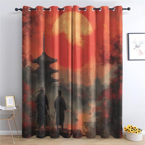 Schwertkämpfer Vorhang, Japanische Samurai Gardinen mit Ösen 2er Set Verdunkelungsvorhang, Japanische Pagode Vorhänge, Wohnzimmer Schlafzimmer Kinderzimmer Blickdichte vorhänge, 220x215 cm 2u&k-232 von Generisch