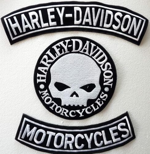 Set mit 3 großen silbernen Patches in Form eines Bogens, Harley Davidson Motorcycles Totenkopf, kompatibel mit Westen, Lederjacken, Biker, Motorradzubehör, Custom Style, strapazierfähig, hohe von Generisch