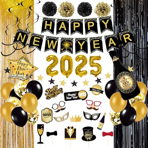 Silvester Deko 2025 XXL Set, Happy New Year Deco Set, 2025 Neues Jahr Luftballons, Girlande, Curtain, Black and Gold, Photo Props von Generisch