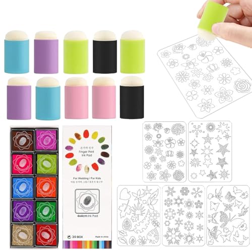 Sponge Finger Painting, Daubers Finger Painting, Fingers Painting Set, Painting Set Stencils, Sponge Finger Set with Daubers And Schablonen, Washable Craft Kit For With 20 Color Inkpads von Generisch