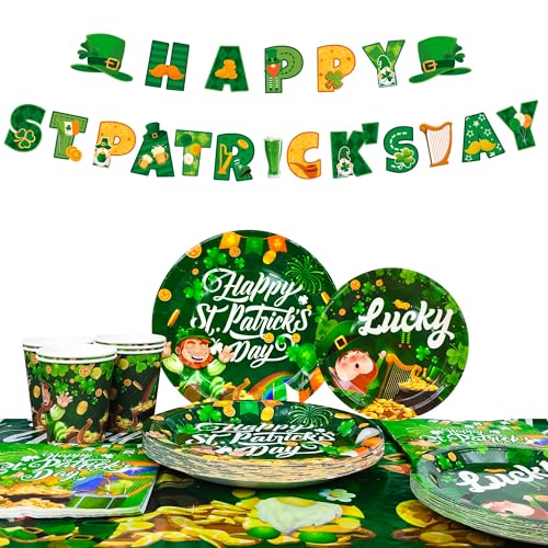 St.Patrick's Day Geschirr Set, Geschirr mit St. Patrick-Motiv Grünes Kleeblatt Lucky Day Leprechaun Papiergeschirr Dessert Pappteller für Irische St.Patrick's Day Party von Generisch