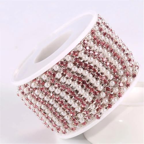 Strass-Kette aus Glas, 3 mm, 3 mm, mit Sockel, Strass-Kette, Hochzeitsapplikation, Silber, Hellrosa, 3 mm, 2 m von Generisch