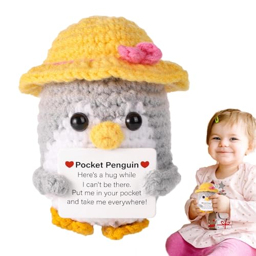 Süße gestrickte Positive Puppen, Positive Häkelpuppen, Froschhut Pinguin Puppe, Handgefertigte gehäkelte süße Pinguin-Strickpuppe mit positiver Karte für Schwester von Generisch