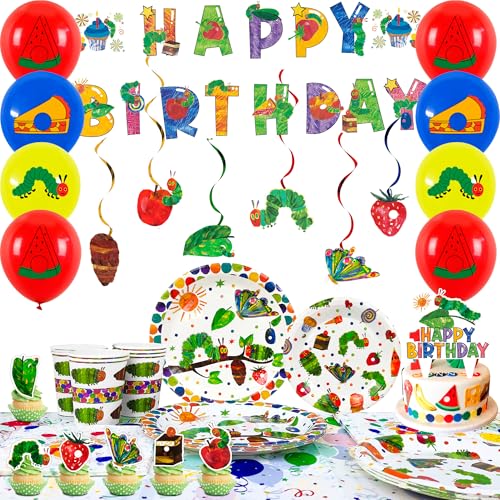 Generisch The Very Hungry Caterpillar Geburtstag Set - 117pcs Caterpillar Deko Zubehör mit Banner, Teller, Luftballons, etc. in Grün, Rot, Gelb von Generisch