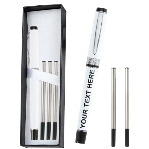 Tintenroller Personalisiert Kugelschreiber mit Gravur Tintenroller Hochwertig & 3 Stück Ersatzminen & Geschenkbox Set Rollerball Pen Dicke Mine Personalisierte Geschenke (610-Weiß) von Generisch