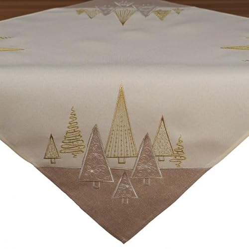 Tischdecke Mitteldecke 85 x 85 cm beige Gold Winter Weihnachten Stickerei Moderne Tannenbäume von Generisch