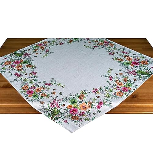 Tischdecke Mitteldecke Frühling Sommer 85 x 85 cm Ecru beige meliert Druckdesign Gräser mit bunten Blumen von Generisch