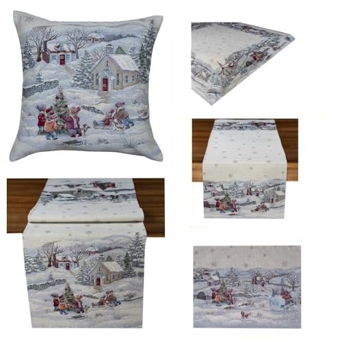 Tischdecke Mitteldecke Tischläufer Winter Weihnachten Gobelin hellblau Creme Winterlandschaft Baumwollmischung (100 x 100 cm) von Generisch