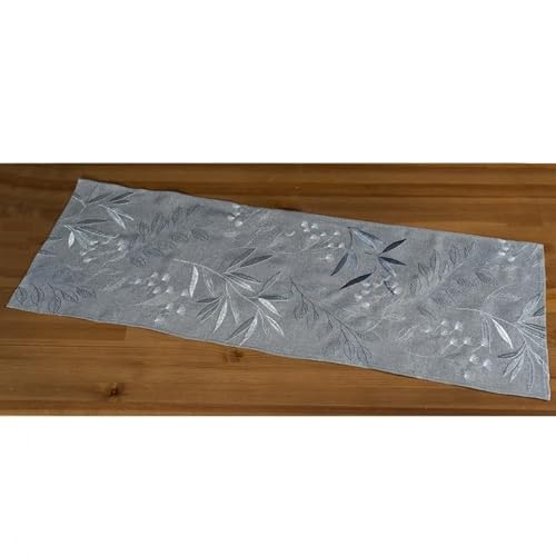 Tischdecke Mitteldecke Tischläufer grau Silber Stickerei Blätter Leinenoptik Verschiedene Größen (40 x 110 cm) von Generisch