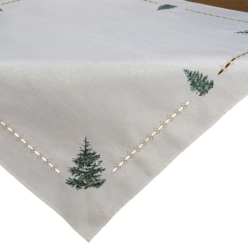 Tischdecke Mitteldecke Winter Weihnachten 85 x 85 cm Ecru Bestickt mit grünen Tannenbäumen Goldlurex von Generisch