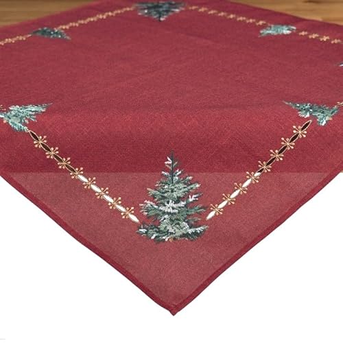 Tischdecke Mitteldecke Winter Weihnachten 85 x 85 cm rot weinrot Bestickt mit grünen Tannenbäumen Goldlurex von Generisch