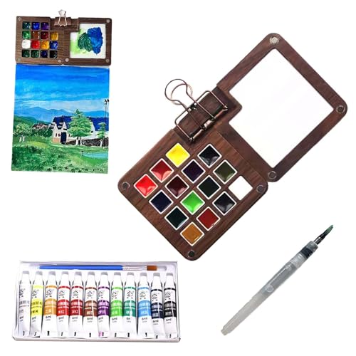 Tragbare Palette, Reise Aquarell Set, Pocket Artist Aquarell Reiseset, Palette Pocket Paint Tray Box mit Metallclip, Mini Travel Paint Set mit 15 Gitter Mini Holz Palette Box von Generisch