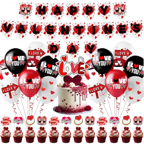 Valentinstag Dekor Set - Happy Valentine's Day Dekoration mit 12 Cake Topper, 16 Luftballons, 20 Flaggenbanner mit Schnur, 1 großes Cake Topper Set von Generisch