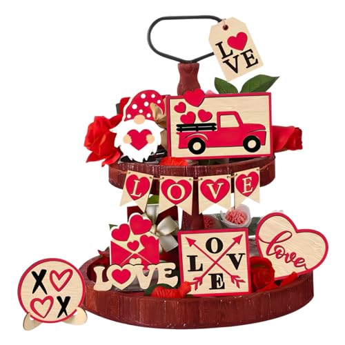 Valentinstag Tiered Tablett Deko Liebe GNOME Truck XO XO Holz Zeichen Tisch Mittelstücke rustikale Bauernhaus Dekor Gift for Boyfriend Pärchen Geschenke Valentine Day Gifts for Women von Generisch