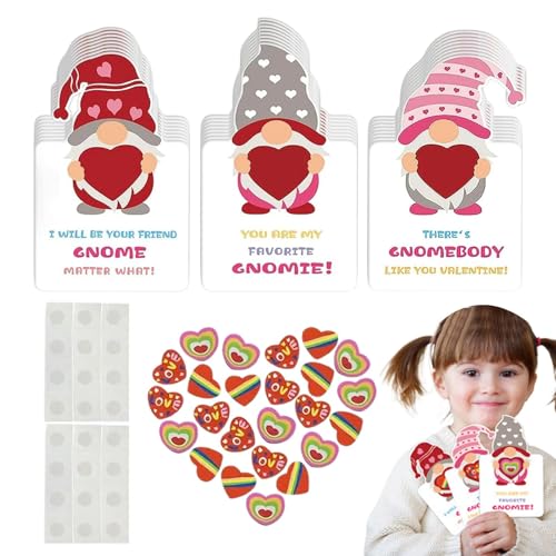 Valentinstagskarten und Herz-Radiergummi-Set – 24 x Valentinstagskarten mit Herz-Radiergummis | Zwergenförmige Kartenzubehör für Valentinstag, Feiertage, Festival von Generisch