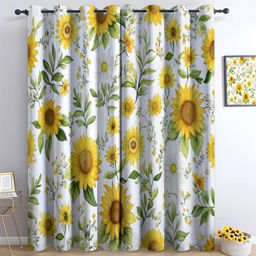 Verdunkelungsvorhänge 3D Aquarell Sonnenblume Gänseblümchen Ösen Vorhang 2Er Set H166 x B75 cm Verdunkelungsvorhang Blickdicht Fenstergardinen Kinderzimmer Schlafzimmer Wohnzimmer Thermovorha von Generisch