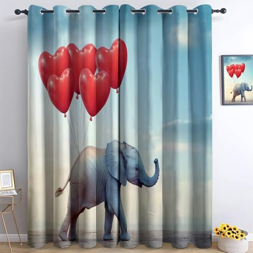 Verdunkelungsvorhänge 3D Fotografie Elefantenbaby Herzförmige Luftballons Ösen Vorhang 2Er Set H166 x B75 cm Verdunkelungsvorhang Blickdicht Fenstergardinen Kinderzimmer Schlafzimmer Thermovorha von Generisch