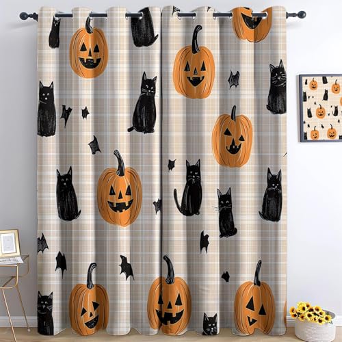 Verdunkelungsvorhänge 3D Halloween-Thema Kürbis Schwarze Katze Geist Ösen Vorhang 2Er Set H166 x B75 cm Verdunkelungsvorhang Blickdicht Fenstergardinen Kinderzimmer Schlafzimmer Wohnzimmer Thermovorha von Generisch